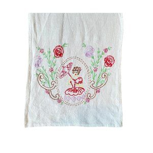 Vintage Table Runner Hand Embroidered Girl with Umbrella & Flowers decor 40" .